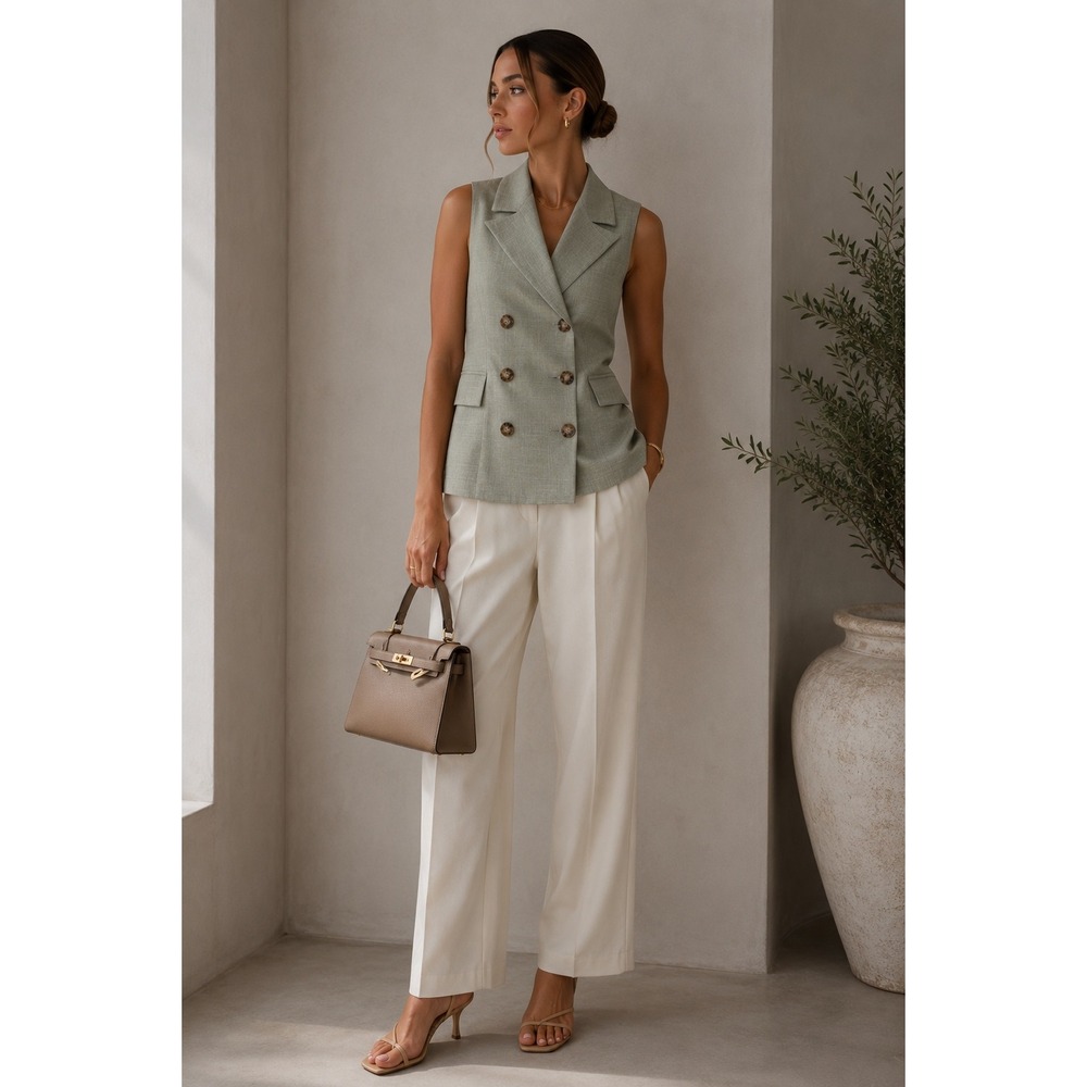 Jodi Kristopher Vintage Sage Green Double Breasted Sleeveless Blazer Vest Sz 1/2